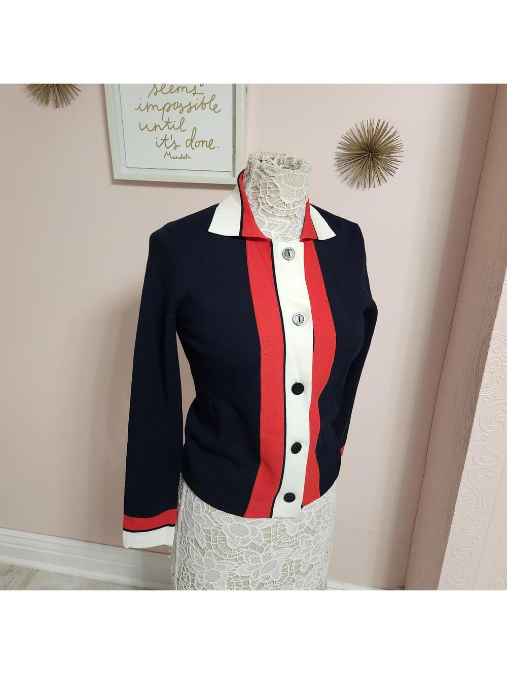 Brooks Brothers Women’s S Navy Red White Colorblock Cardigan Sweater Flawless